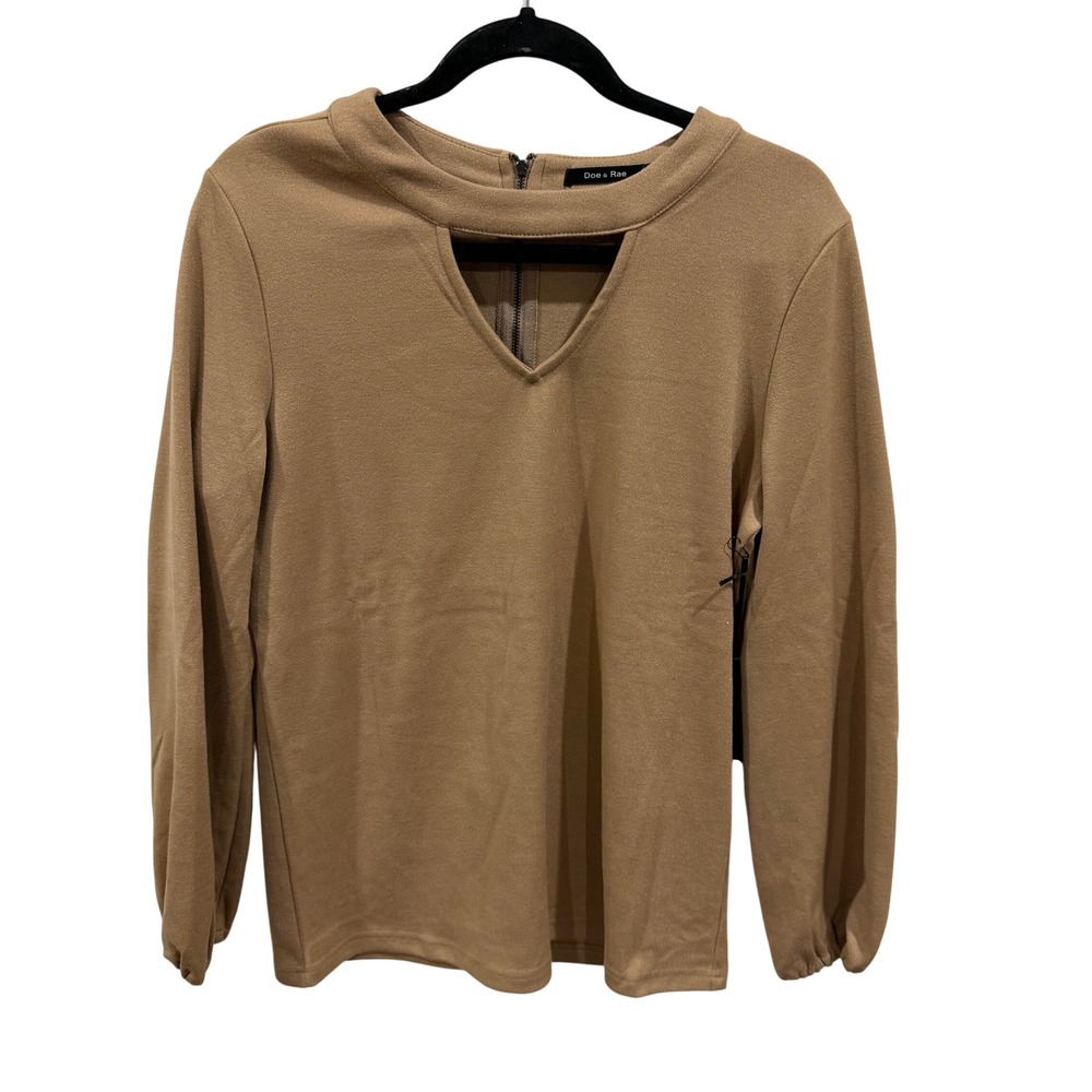 Doe & Rae Womens Camel Tan Cutout Neckline Long Sleeve Back Zip Top S NEW